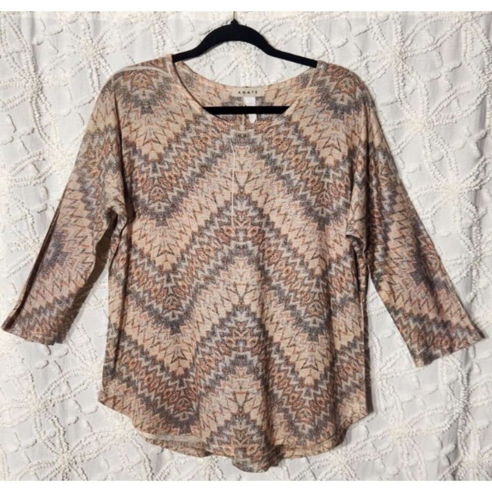 Agate Womens Linen Top Size Large Brown Chevron‎ Southwestern Neutral Luxury